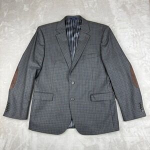 Stafford Blazer Mens 46R Gray Glen Check Wool Blend Elbow Patches Sport Coat EUC
